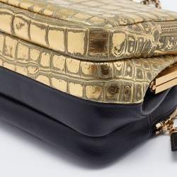 Pre Owned Chanel Black/Metallic Leather and Croc Embossed Small Kiss-lock Bag