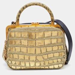 Pre Owned Chanel Black/Metallic Leather and Croc Embossed Small Kiss-lock Bag