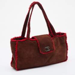 Pre Owned Chanel Brown/Red Suede and Wool CC Vintage Flap Bag