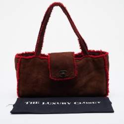 Pre Owned Chanel Brown/Red Suede and Wool CC Vintage Flap Bag