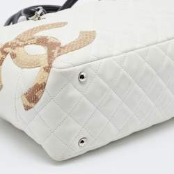 Pre Owned Chanel White Quilted Leather and Python Embossed CC Ligne Cambon Bag