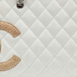 Pre Owned Chanel White Quilted Leather and Python Embossed CC Ligne Cambon Bag