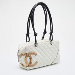 Pre Owned Chanel White Quilted Leather and Python Embossed CC Ligne Cambon Bag