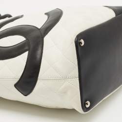 Pre Owned Chanel White/Black Quilted Leather Small Cambon Ligne Tote