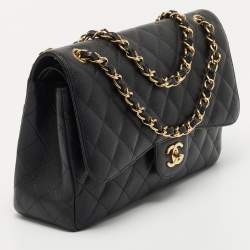 Pre Owned Chanel Black Quilted Caviar Leather Jumbo Classic Double Flap Bag