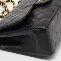 Pre Owned Chanel Black Quilted Caviar Leather Jumbo Classic Double Flap Bag