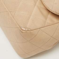 Pre Owned Chanel Beige Quilted Caviar Leather Jumbo Classic Single Flap Bag