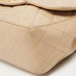 Pre Owned Chanel Beige Quilted Caviar Leather Jumbo Classic Single Flap Bag
