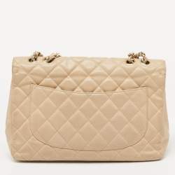 Pre Owned Chanel Beige Quilted Caviar Leather Jumbo Classic Single Flap Bag