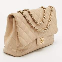 Pre Owned Chanel Beige Quilted Caviar Leather Jumbo Classic Single Flap Bag