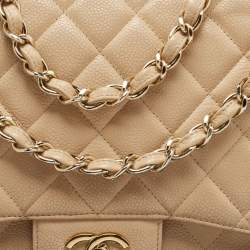 Pre Owned Chanel Beige Quilted Caviar Leather Jumbo Classic Single Flap Bag