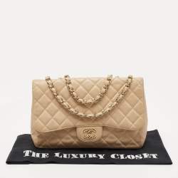 Pre Owned Chanel Beige Quilted Caviar Leather Jumbo Classic Single Flap Bag