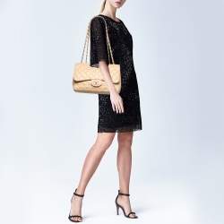 Pre Owned Chanel Beige Quilted Caviar Leather Jumbo Classic Single Flap Bag