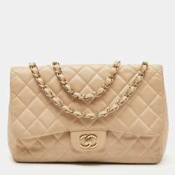 Pre Owned Chanel Beige Quilted Caviar Leather Jumbo Classic Single Flap Bag