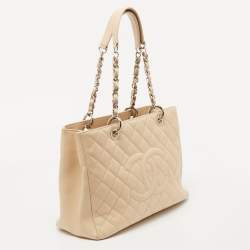 Pre Owned Chanel Beige Quilted Caviar Leather GST Tote