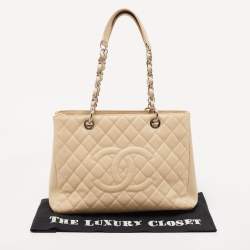 Pre Owned Chanel Beige Quilted Caviar Leather GST Tote