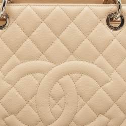 Pre Owned Chanel Beige Quilted Caviar Leather GST Tote