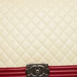 Pre Owned Chanel Cream/Red Quilted Leather Large Boy Flap Bag