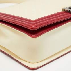 Pre Owned Chanel Cream/Red Quilted Leather Large Boy Flap Bag
