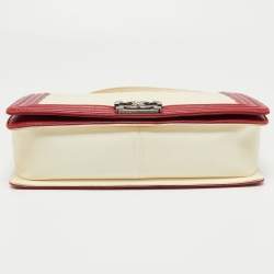 Pre Owned Chanel Cream/Red Quilted Leather Large Boy Flap Bag