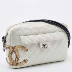 Pre Owned Chanel White/Black Quilted Leather and Python Embossed CC Ligne Cambon Bag