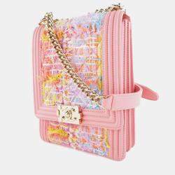 Pre Owned Chanel Pink Tweed Leather North South Boy Shoulder Bag