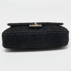 Pre Owned Chanel Black Woven Quilted Raffia and Leather Flap Shoulder Bag