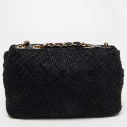 Pre Owned Chanel Black Woven Quilted Raffia and Leather Flap Shoulder Bag