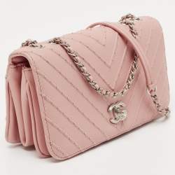 Chanel Pink Chevron Leather CC Studded Flap Bag 
