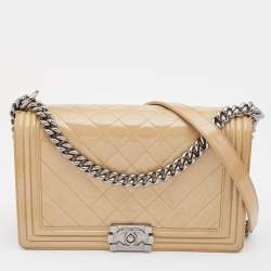 Pre Owned Chanel Beige Chevron Patent Leather New Medium Boy Flap Bag