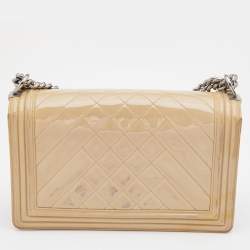 Pre Owned Chanel Beige Chevron Patent Leather New Medium Boy Flap Bag