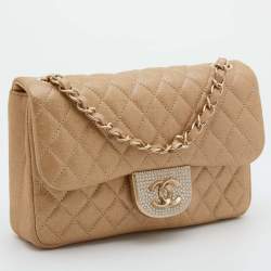 Pre Owned Chanel Metallic Gold Leather Pearl CC Crystal Iridescent Flap Bag