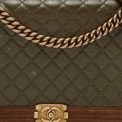 Pre Owned Chanel Brown/Olive Green Quilted Leather Paris-Edinburgh Large Boy Bag