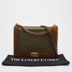 Pre Owned Chanel Brown/Olive Green Quilted Leather Paris-Edinburgh Large Boy Bag