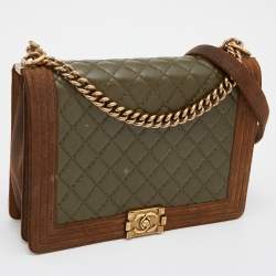 Pre Owned Chanel Brown/Olive Green Quilted Leather Paris-Edinburgh Large Boy Bag