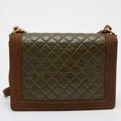 Pre Owned Chanel Brown/Olive Green Quilted Leather Paris-Edinburgh Large Boy Bag