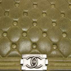 Pre Owned Chanel Olive Green Quilted Suede Large Boy Bag