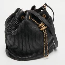 Pre Owned Chanel Black Leather Coco Pleats Drawstring Bag