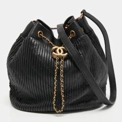 Pre Owned Chanel Black Leather Coco Pleats Drawstring Bag