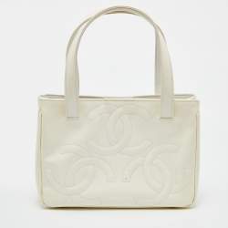 Pre Owned Chanel White Patent Leather Triple CC Logo Tote