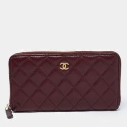 Pre Owned Chanel Red Quilted Leather Classic Zip Around Wallet