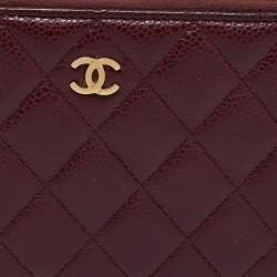 Pre Owned Chanel Red Quilted Leather Classic Zip Around Wallet