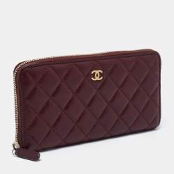Pre Owned Chanel Red Quilted Leather Classic Zip Around Wallet