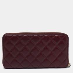 Pre Owned Chanel Red Quilted Leather Classic Zip Around Wallet