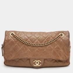 Chanel Brown Quilted Crumpled Caviar Leather Large Shiva Flap Bag
