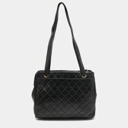 Pre Owned Chanel Black Quilted Leather Vintage Zip Tote