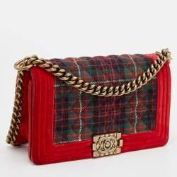 Pre Owned Chanel Red/Green Quilted Tartan and Velvet Medium Boy Flap Bag