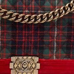 Pre Owned Chanel Red/Green Quilted Tartan and Velvet Medium Boy Flap Bag