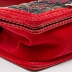 Pre Owned Chanel Red/Green Quilted Tartan and Velvet Medium Boy Flap Bag