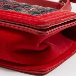 Pre Owned Chanel Red/Green Quilted Tartan and Velvet Medium Boy Flap Bag